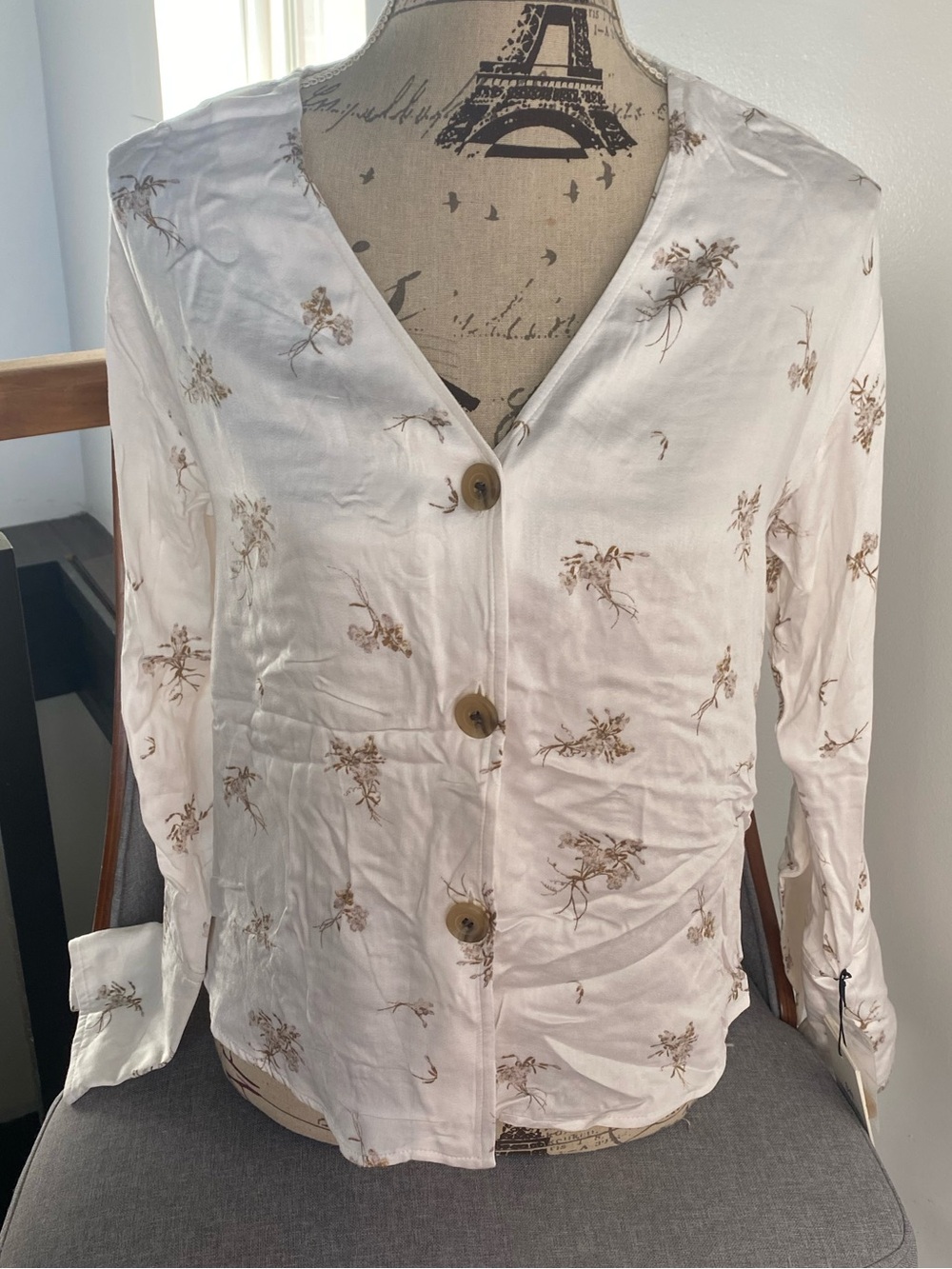 Something Navy Cream Botanical Button-Down Shirt with Brown Print
